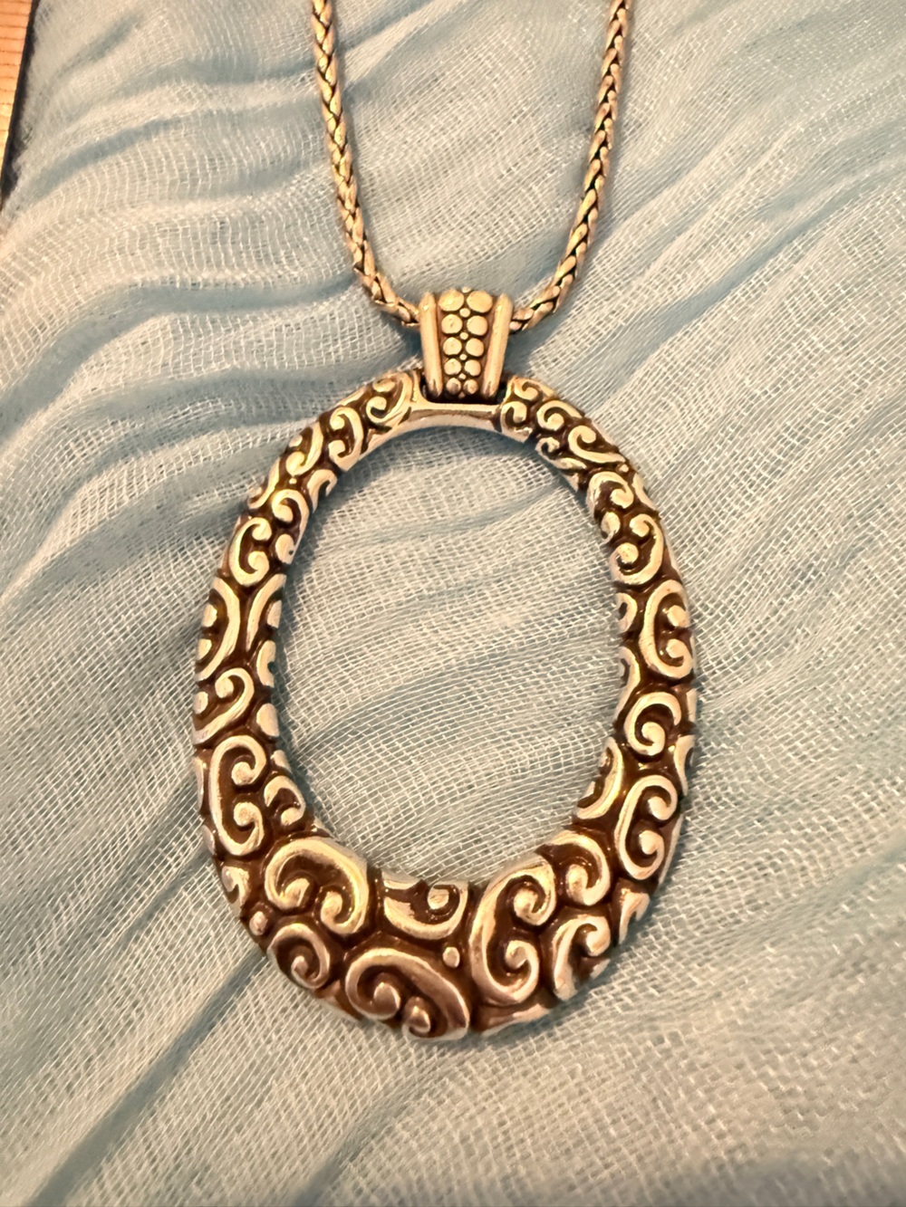 Brighton Silver-Tone Ornate Oval Pendant Necklace